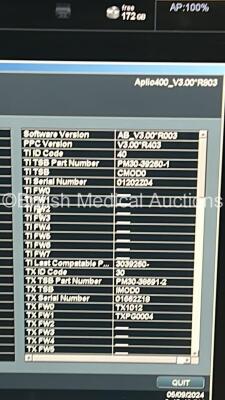 Toshiba Aplio 400 TUS-A400 Flat Screen Ultrasound Scanner *S/N W1E1343656* **Mfd 2013-04** Software Version AB_V3.00*R003 with 1 x Transducer / Probe (PVT-674BT *Mfd 2021-03*) (Powers Up) ***CI042*** - 12