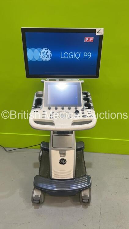 GE Logiq P9 Flat Screen Ultrasound Scanner Ref R2 *S/N LP90000337* **Mfd 2016** Software Version R2 Revision 0.4 (Powers Up - Damage to Lower Trim - See Pictures)