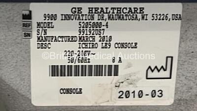 GE Logiq E9 Flat Screen Ultrasound Scanner Ref 5205000-4 *S/N 99192US7* **Mfd 03/2010** Software Version R4 Software Revision 2.1 with 2 x Transducer / Probes (GE 9L-D Ref 5194432 *Mfd 2013* and GE ML6-15-D Ref 5199103 *Mfd 2013* and Sony UP-D897 Printer - 8