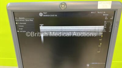 GE Logiq E9 Flat Screen Ultrasound Scanner Ref 5205000-4 *S/N 99192US7* **Mfd 03/2010** Software Version R4 Software Revision 2.1 with 2 x Transducer / Probes (GE 9L-D Ref 5194432 *Mfd 2013* and GE ML6-15-D Ref 5199103 *Mfd 2013* and Sony UP-D897 Printer - 9