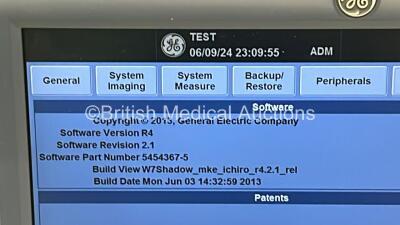 GE Logiq E9 Flat Screen Ultrasound Scanner Ref 5205000-4 *S/N 99192US7* **Mfd 03/2010** Software Version R4 Software Revision 2.1 with 2 x Transducer / Probes (GE 9L-D Ref 5194432 *Mfd 2013* and GE ML6-15-D Ref 5199103 *Mfd 2013* and Sony UP-D897 Printer - 13