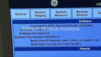 GE Logiq E9 Flat Screen Ultrasound Scanner Ref 5205000-7 *S/N 118228US6* **Mfd 06/2013** Software Version R4 Software Revision 3.0 (Powers Up) ***IR8896*** - 11