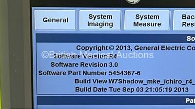 GE Logiq E9 Flat Screen Ultrasound Scanner Ref 5205000-6 *S/N 107785US8* **Mfd 2011** Software Version R4 Software Revision 3.0 with 2 x Transducers / Probes (9L-D Ref 5194432 *Mfd 2011-11* and ML6-15-D Ref 5199103 *Mfd 2014-12*) (Powers Up - with Error - - 11