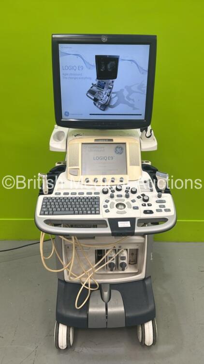 GE Logiq E9 Flat Screen Ultrasound Scanner Model 5205000-6 *S/N 110591US5* **Mfd 2012** Software Version R3.1.2 with 2 x Transducer / Probes (9L-D Ref 5194432 *Mfd 2013* and L8-18i-D Ref 5336965 Mfd Sept 2013) (Powers Up) ***IR937***