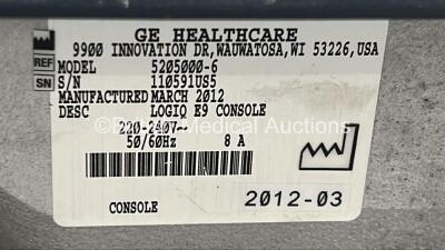 GE Logiq E9 Flat Screen Ultrasound Scanner Model 5205000-6 *S/N 110591US5* **Mfd 2012** Software Version R3.1.2 with 2 x Transducer / Probes (9L-D Ref 5194432 *Mfd 2013* and L8-18i-D Ref 5336965 Mfd Sept 2013) (Powers Up) ***IR937*** - 7