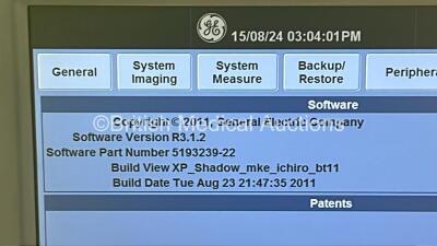 GE Logiq E9 Flat Screen Ultrasound Scanner Model 5205000-6 *S/N 110591US5* **Mfd 2012** Software Version R3.1.2 with 2 x Transducer / Probes (9L-D Ref 5194432 *Mfd 2013* and L8-18i-D Ref 5336965 Mfd Sept 2013) (Powers Up) ***IR937*** - 12