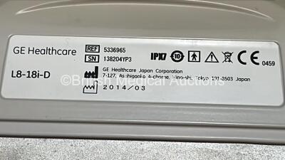 GE Logiq E9 Flat Screen Ultrasound Scanner Model 5205000-7 *S/N 121302US4* **Mfd 2013** Software Version R4 Software Revision 2.1 with 2 x Transducer / Probes (9L-D Ref 5194432 *Mfd 2013* and L8-18i-D Ref 5336965 Mfd March 2014) (Powers Up) ***CI009*** - 14