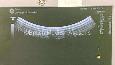 GE Logiq S8 Flat Screen Ultrasound Scanner Ref 5418099 *S/N 189162SU1* **Mfd 2012-07** Software Version R2 Software Revision 3.0 with 2 x Transducer / ProbeS (S4-10-D Ref 5394804 *Mfd 2013* / C1-5 Ref 5261135 *Mfd 2016*) (Powers Up) ***IR024*** - 12