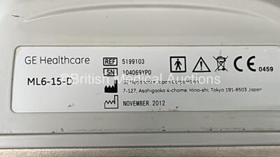 GE Logiq E9 Flat Screen Ultrasound Scanner Model 5205000-2 *S/N 95704US3* **Mfd 2009** Software Version R5 Software Revision 1.3 with 1 x Transducer / Probe (ML6-15-D Ref 5199103 *Mfd 2012*) (Powers Up) ***IR952*** - 11