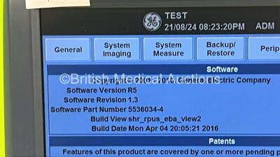 GE Logiq E9 Flat Screen Ultrasound Scanner Model 5205000-2 *S/N 95704US3* **Mfd 2009** Software Version R5 Software Revision 1.3 with 1 x Transducer / Probe (ML6-15-D Ref 5199103 *Mfd 2012*) (Powers Up) ***IR952*** - 12