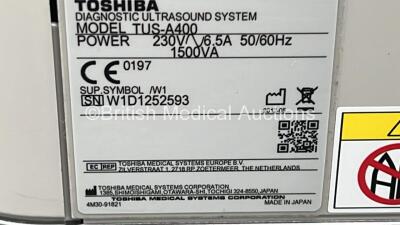 Toshiba Aplio 400 TUS-A400 Flat Screen Ultrasound Scanner *S/N W1D1252593* **Mfd 2012** Software Version AB_V6.00*R003 with 1 x Transducer / Probe (PLT-704SBT *Mfd 2010-12*) (Powers Up) ***IR954*** - 9