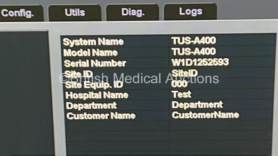 Toshiba Aplio 400 TUS-A400 Flat Screen Ultrasound Scanner *S/N W1D1252593* **Mfd 2012** Software Version AB_V6.00*R003 with 1 x Transducer / Probe (PLT-704SBT *Mfd 2010-12*) (Powers Up) ***IR954*** - 13