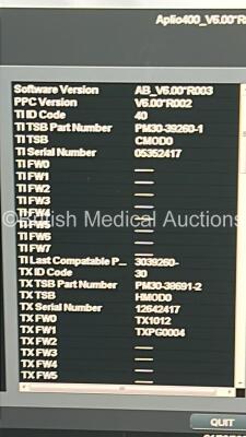 Toshiba Aplio 400 TUS-A400 Flat Screen Ultrasound Scanner *S/N W1D1252593* **Mfd 2012** Software Version AB_V6.00*R003 with 1 x Transducer / Probe (PLT-704SBT *Mfd 2010-12*) (Powers Up) ***IR954*** - 14