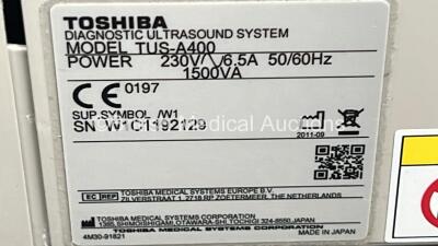 Toshiba Aplio 400 TUS-A400 Flat Screen Ultrasound Scanner *S/N W1C1192129* **Mfd 2011** Software Version AB_V3.00*R408 with 1 x Transducer / Probe (PLT-1204BT *Mfd 2010-12*) (Powers Up) ***IR955*** - 8