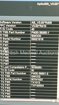 Toshiba Aplio 400 TUS-A400 Flat Screen Ultrasound Scanner *S/N W1C1192129* **Mfd 2011** Software Version AB_V3.00*R408 with 1 x Transducer / Probe (PLT-1204BT *Mfd 2010-12*) (Powers Up) ***IR955*** - 12