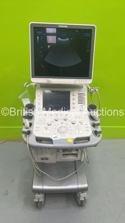 Toshiba Aplio 400 TUS-400 Flat Screen Ultrasound Scanner *S/N W1C1192118* **Mfd 2011** Software Version AB_V3.00*R408 with 2 x Transducers / Probes (PVT-375BT *Mfd 2015* and PVT-674BT *Mfd 2005*) (Powers Up) ***IR848***