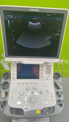 Toshiba Aplio 400 TUS-400 Flat Screen Ultrasound Scanner *S/N W1C1192118* **Mfd 2011** Software Version AB_V3.00*R408 with 2 x Transducers / Probes (PVT-375BT *Mfd 2015* and PVT-674BT *Mfd 2005*) (Powers Up) ***IR848*** - 2