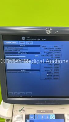 GE Logiq E9 Flat Screen Ultrasound Scanner Ref 5205000-4 *S/N 104447US8* **Mfd 2011** Software Version R3.1.2 with 2 x Transducers / Probes (9L-D Ref 5194432 *Mfd 2012* and C1-6-D Ref 5418916 *Mfd 2015*) (Powers Up - C1-6-D Probe Not Registering) ***IR878 - 10