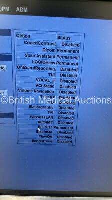 GE Logiq E9 Flat Screen Ultrasound Scanner Ref 5205000-4 *S/N 104447US8* **Mfd 2011** Software Version R3.1.2 with 2 x Transducers / Probes (9L-D Ref 5194432 *Mfd 2012* and C1-6-D Ref 5418916 *Mfd 2015*) (Powers Up - C1-6-D Probe Not Registering) ***IR878 - 11