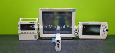 Job Lot Including 1 x Philips IntelliVue MP70 Patient Monitor (Powers Up with Faulty Touchscreen) with 1 x Philips M3012A Module Including Press, Temp, Press and Temp Options, 1 x Datex-Ohmeda Light Monitor Type F-LMP1.00 with P1, P2, CO2, NIBP, SpO2 and 