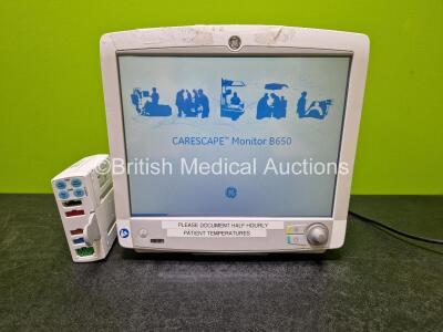 GE Carescape B650 Touch Screen Patient Monitor (Powers Up) with GE E-PSMP-01 Module Including ECG, SpO2, T1-T2, P1-P2 and NIBP Options and 1 x Li-ion Battery *SN SK417281003HA / 80170751111