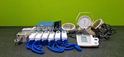 Mixed Lot Including 1 x Bedfont Micro Smokerlyzer CO Monitor, 1 x Liko Scale, 1 x Heine NT200 Docking Station, 6 x Covidien Genius Thermometers, 3 x Various BP Meters, 1 x Omron BP Monitor and 1 x RB Cautery Light Duty Transformer (Powers Up) *SN 20120200