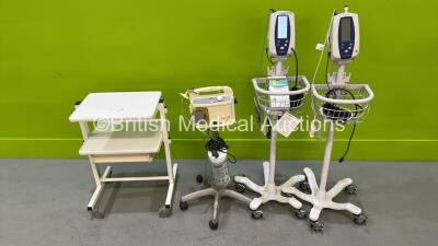 Mixed Lot Including 2 x Welch Allyn Spot Vital Signs Monitors on Stands (1 x Powers Up, 1 x No Power) 1 x Hersill V7 Suction Unit on Stand (Powers Up) and 1 x Mobile Workstation