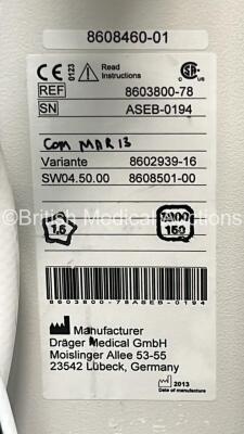 Drager Primus Anaesthesia Machine Software Version 4.53.00 - Total Operating Hours Mixer 25746 - Ventilator 5019 with Bellows and Hoses (Powers Up - Some Side Casing Damage - See Photo) *S/N ASEB-0194* - 5