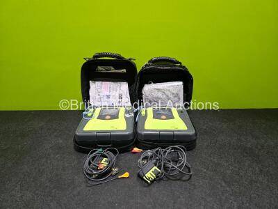 2 x Zoll AEDPro Defibrillators (Both Power Up, Both with Damage to Screen - See Photo) in Case with 2 x 3 Lead ECG Leads and 2 x Li-ion Batteries