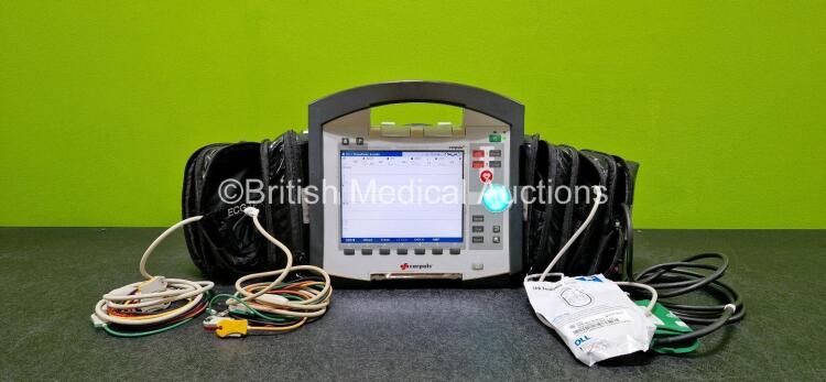 GS Corpuls3 Slim Defibrillator Ref : 04301 (Powers Up) with Corpuls Patient Box Ref : 04200 (Powers Up) with Pacer, Oximetry, ECG-D, ECG-M, CO2, CPR, NIBP and Printer Options, 4 and 6 Lead ECG Leads, CPR Sensor, Hose with Cuff, 3 x Li-ion Batteries and Co