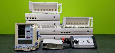 Mixed Lot Including 1 x Mindray Datascope Accutorr Plus Vital Signs Monitor (Powers Up), 1 x Matrx Quantiflex MDM Flowmeter, 1 x Philips M8023A Module, 2 x Philips Module Racks and 6 x GE Carescape C1-CPU Base Units