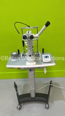 Ellex UltraQ Ophthalmic Laser Version C04 D11 M12 P11 *Mfd Oct 2016*with Binoculars, Training Arm, 3 x Eyepieces and Chin Rest and Key on Motorized Table (Powers Up) *S/N UQ1478*