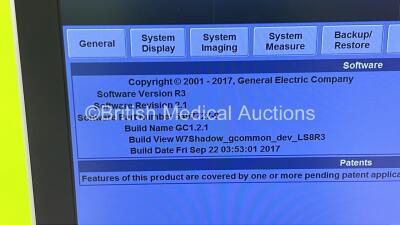 GE Logiq S8 XDclear Flat Screen Ultrasound Scanner Ref 5669845 *S/N 501435SU2* **Mfd 2016-12** Software Version R3 Software Revision 2.1 with Sony UPD898MD (Powers Up) ***IR058*** - 10