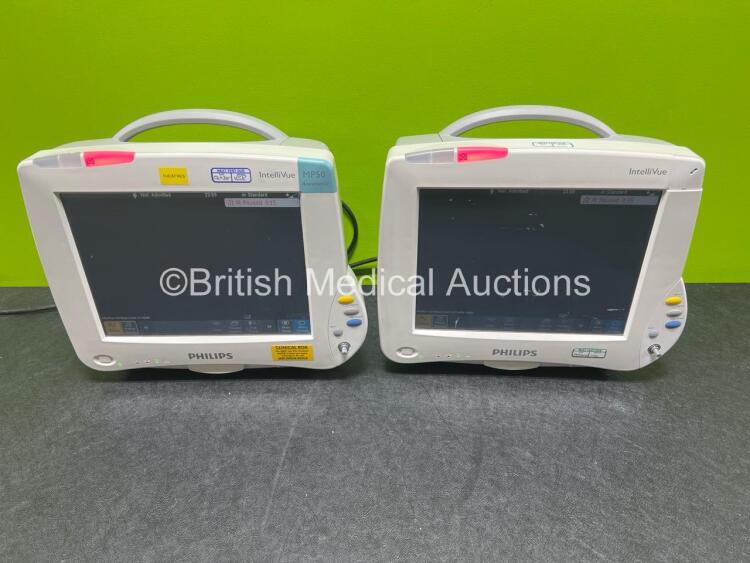 2 x Philips IntelliVue MP50 Patient Monitors (Both Power Up, Both with damged Dial)