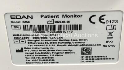 Edan iM50 Patient Monitors *Mfd 2020* on Stand with ECG, SPO2, CO2, IBP1, IBP2, T1 and T2 Options, iCARB CO2 Module and Various Leads (Powers Up - 1 x Missing Dial - See Photo) - 5