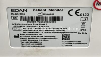 Edan iM50 Patient Monitors *Mfd 2020* on Stand with ECG, SPO2, CO2, IBP1, IBP2, T1 and T2 Options, iCARB CO2 Module and Various Leads (Powers Up) - 5