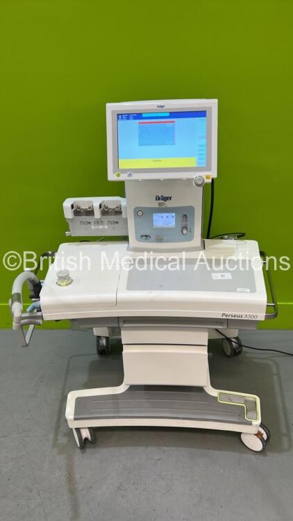 Drager Perseus A500 Anaesthesia Machine Ref MK06000-23 Software Version 2.03 Build 22147 *Mfd 2014* with Hoses and Accessories (Powers Up) *S/N ASFD-0002*