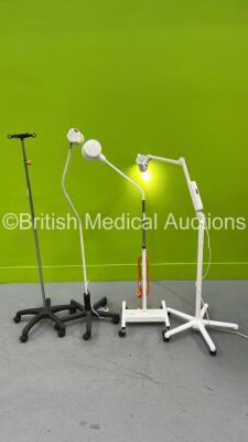 1 x Luxo Examination Light on Stand - 1 x Wheel Missing (Powers Up) 1 x Daray Examination Light on Stand (No Power) 1 x Williams Examination Lamp on Stand (No Power) and 1 x Drip Stand