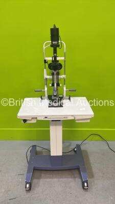 Haag Streit Bern SL 900 Slit Lamp with Binoculars, 2 x 10x Eyepieces and Chin Rest on Motorised Table - Damaged Wheels (Unable to Power Test Due to No Bulb - Missing Securing Covers) *S/N 900.1180883*