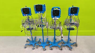 3 x GE Dinamap Carescape V100 Vital Signs Monitors on Stands and 1 x GE Dinamap Procare Vital Signs Monitor on Stand with Selection of Cables (3 x Power Up, 1 x No Power)