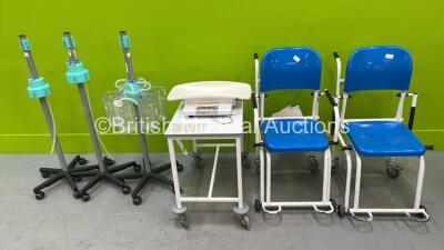 3 x Regulator Stands with 6 x Suction Cups, 1 x Marsden Baby Weighing Scales on Table and 2 x Marsden Wheelchair Weighing Scales