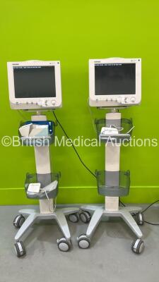 2 x Charter Kontron Vitalogic VL 6000 Patient Monitors on Stands with Cerebral Logic Attachment - Flash Drive/Card Removed (Both Power Up)