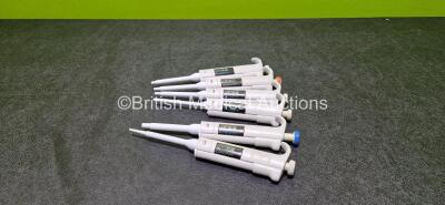 Job Lot Including 3 x Finnpipette Labsystems 5-40 ul Pipettes, 1 x Finnpipette Labsystems 0.5-10 ul Pipette, 1 x Finnpipette Labsystems 40-200 ul Pipette and 1 x Finnpipette Labsystems 200-1000 ul Pipette