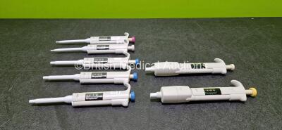 Job Lot Including 2 x Finnpipette Labsystems 1-5 ml Pipettes, 1 x Finnpipette Thermo Labsystems 0.2-2 ul Pipette, 1 x Finnpipette Thermo Labsystems 0.5-10 ul Pipette, 1 x Finnpipette Thermo Labsystems 100-1000 ul Pipettes and 2 x Finnpipette Thermo Labsys