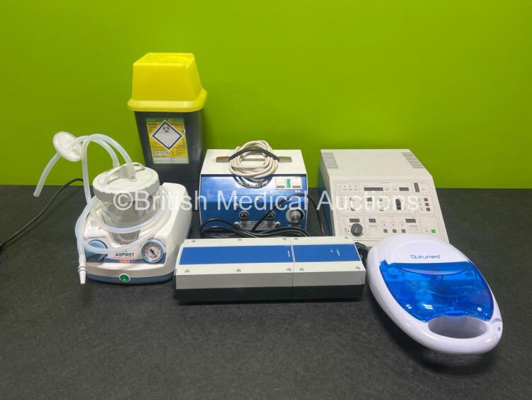 Mixed Lot Including 1 x Sharpsafe Danger Bin, 1 x Seward Medical High Performance Light Source, 1 x Quirumed Compressor Nebulizer, 1 x New Aspiret Suction Unit, 1 x Leica AG Reichert Division Unit, 1 x Linak Battery Unit