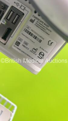 GE Carescape B450 Patient Monitor on Stand with GE Patient Data Module with ECG, Temp/Co, P1/P3, P2/P4, SPO2, NIBP and Defic/Sync Options (Missing Battery) and GE E-miniC Gas Module with Mini D-Fend Water Trap (Powers Up) *S/N SNT20211145HA* - 9