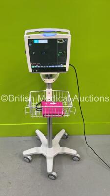 GE Carescape B450 Patient Monitor on Stand with GE Patient Data Module with ECG, Temp/Co, P1/P3, P2/P4, SPO2, NIBP and Defic/Sync Options (Powers Up) *S/N SNT20211132HA** - 2