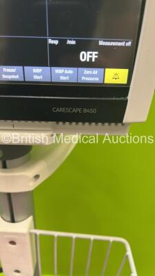 GE Carescape B450 Patient Monitor on Stand with GE Patient Data Module with ECG, Temp/Co, P1/P3, P2/P4, SPO2, NIBP and Defic/Sync Options (Powers Up) *S/N SNT20211132HA** - 4