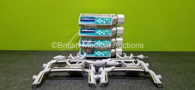 Job Lot Including 4 x B.Braun Perfusor Space Syringe Pumps (All Power Up) with 4 x Pole Clamps (1 x Damaged - See Photo) and 4 x Power Supplies (1 x Damaged Cable Casing, 1 x Faulty and 1 x Damaged - See Photo)