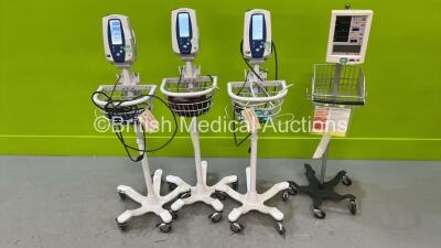 3 x Welch Allyn Spot Vital Signs Monitors on Stands and 1 x Datascope Accutorr Plus Monitor on Stand (All Power Up) *GH*